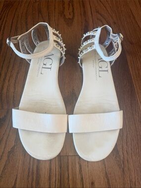 AGL White Leather Studded Ankle-Strap Sandals